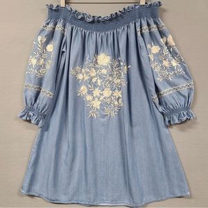 ZARA Woman Blue Off The Shoulder Embroidered Bardot Denim Tunic Dress Size XS